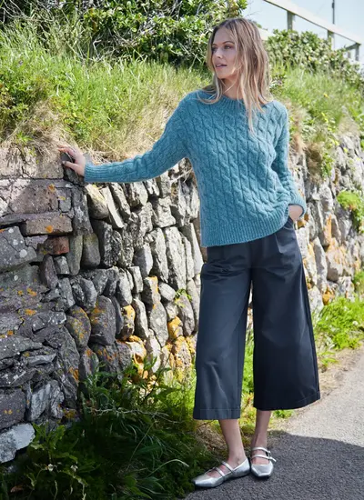 Fisherman Alpaca Cable Crew Sky Blue Sweater Alpaca Wool Cotton Luxuriously Soft